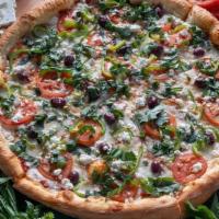 Greek Pizza* · Red sauce, mozzarella, bell peppers, kalamata olives, fresh tomatoes, feta cheese, and basil.