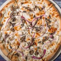 Chicken White Pizza* · White sauce, mozzarella, chicken breast, mushrooms, red onions.