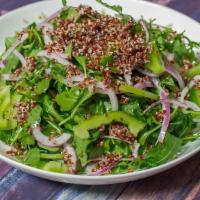 Arugula Quinoa Salad · Organic arugula, quinoa, bell peppers, red onion, and cucumber with house dressing (olive oi...