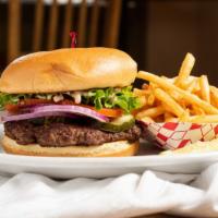 Classic Burger · 7 oz. hand formed patty, green leaf, sliced red onion, dill pickle chips, house made 1000 Is...