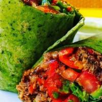 Impossible Burrito · Vegan. IMPOSSIBLE meat; spinach;  bell peppers;  onions;  pico;  avocado;  vegan cheese;  sa...