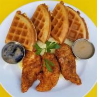 Fried Chicken & Waffles · panko chicken tenders golden waffle with spiced maple syrup and butter