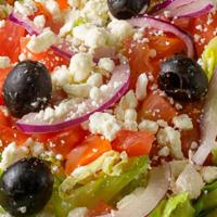 Greek Salad · Romaine lettuce, tomatoes, cucumber, banana peppers, red onion, olives, feta cheese and gree...