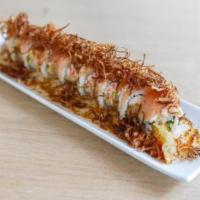 Cajun Roll · Shrimp tempura crab roll topped with.  seasoned seared albacore, cilantro, jalapeño, garlic ...