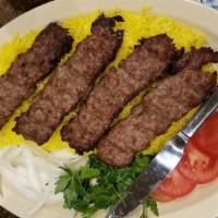 Kabob (Beef) · Ground beef, onions, Ali Baba special spices, cooked on skewers over grill.
