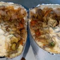 Super Burrito · Flour tortilla with your choice of meat, condiments, salsa, rice and beans as well as sour c...