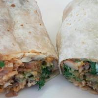 Regular Burrito · Flour tortilla with your choice of meat, condiments, salsa, rice and beans.