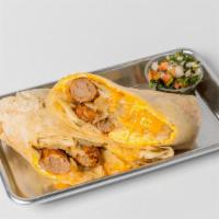 Sausage Breakfast Burrito · Scrambled eggs, sausage, roasted potatoes and cheddar cheese wrapped in a flour tortilla.