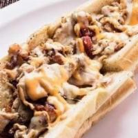 Bacon Cheesesteak · Fresh cut Rib Eye or Chicken Breast, Smoked Applewood Bacon, White American Cheese, Grilled ...