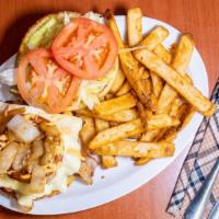 Stoner'S Burger/Fries · House sriracha mayo, Applewood smoked bacon, Crispy onion rings, White American cheese, lett...