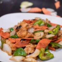 Chicken In Black Bean Sauce · Diced white meat chicken with diced bell pepper carrots stir fried in a black bean sauce.