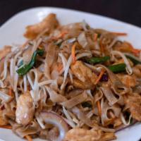 Chicken Chow Fun · White flat rice noodle with bean sprouts green onions wok stir fried in soy sauce.