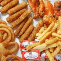 Sampler · 4 wings or 5 boneless wings, 5 mozzarella sticks, 8 zucchini sticks, 8 onion rings, fries or...