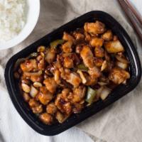 Kung Pao Chicken · Peanut. Spicy. Jalapeño, onion, peanuts, hot bean sauce. Served with 1 side of rice.