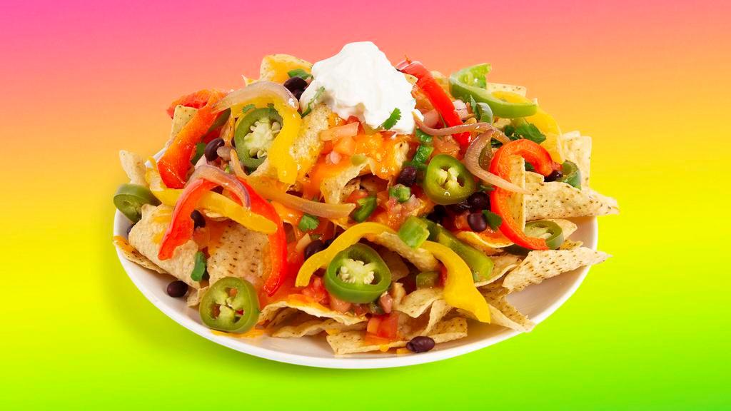 Fajita Nachos · Melty nachos loaded with fajita veggies, melted cheese, pico de gallo, black beans, and your choice of additional toppings.