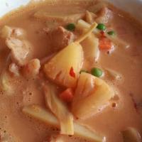 Red Curry · Spicy. Vegetable chicken with red curry, bamboo shoots, peas, carrots.