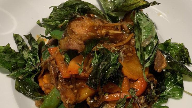 Spicy Catfish · Comes with finger roots, carrots, young peppercorn, basil leaves, bell peppers.
