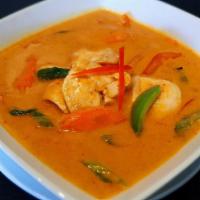 Panang Curry · Comes with bell pepper, carrot and basil leaves.