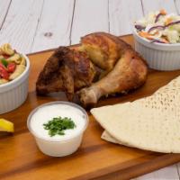 1/4 Rotisserie Chicken · 1/4 Rotisserie Chicken served with your choice of 2 sides, pita bread and garlic sauce inclu...