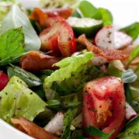 Chicken Fattoush Salad · Romaine Lettuce, Tomatoes, Cucumbers, Radish, Bell Peppers Tossed in a Vinaigrette Dressing,...