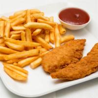 Chicken Tender Combo · Two large pieces of crispy chicken tender, french fries, and ketchup and a drink.