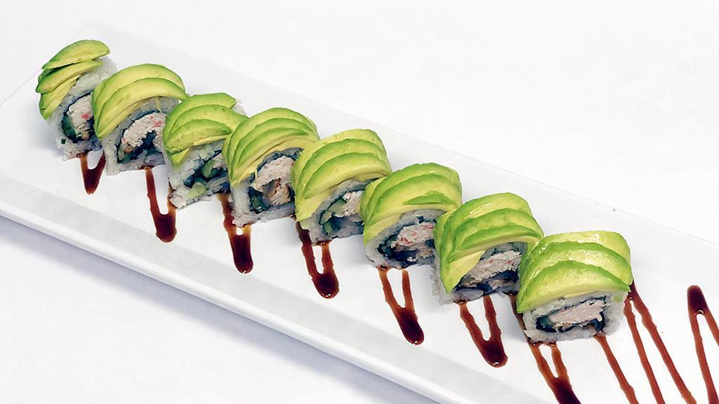 Caterpillar Roll · In: imitation crab, eel, cucumber.
Out: avocado.