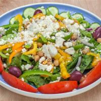 Delphi Greek Salad · Romaine lettuce, tomatoes, cucumbers, feta cheese, kalamata olives, onions, garbanzo beans, ...