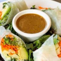 Asian Spring Rolls · Vietnamese-style spring rolls filled with snow peas, carrots, cucumbers, avocado, kelp noodl...