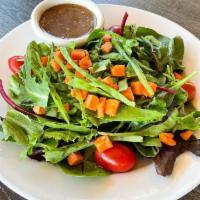 House Salad · Organic mixed lettuce with carrots, tomato, julienned snow peas and balsamic vinaigrette dre...