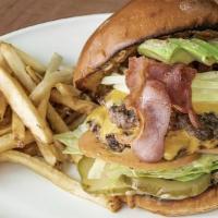 California Burger · American cheese, bacon, avocado lettuce, tomato, thousand island, onions (ask for fried).