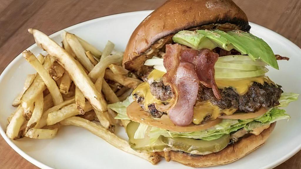 California Burger · American cheese, bacon, avocado lettuce, tomato, thousand island, onions (ask for fried).