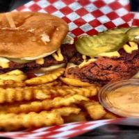 Combo #3 · One chicken slider and one chicken tender over white bread with slaw, pickles and fries.