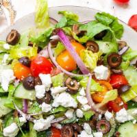 Greek Revival Salad · Romaine, Feta Cheese, Baby Tomatoes, Cucumber, Kalamata Olives, Red Onions, Lemon Wedge and ...