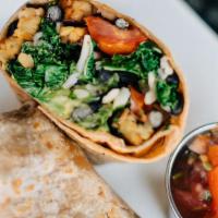 Vegan Breakfast Burrito · Vegan. Black beans, potatoes, tempeh, vegan cheese, red onion, tomato and avocado wrapped in...