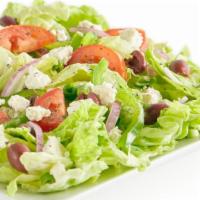 Mediterranean Salad · Iceberg Lettuce, Bell Peppers, Red Onions, Fresh Roma Tomatoes, Green Olives, Green Onions, ...