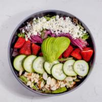 Summer Salad · strawberry, avocado, cucumber, feta, pickled red onion, slivered almonds, balsamic dressing ...