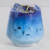 Butterfly Pea Tea Latte · Organic butterfly pea flower, house made vanilla bean syrup, and milk. 
Served only iced.