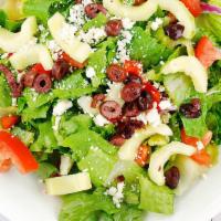 Greek Salad · Romaine lettuce, cucumber, tomato, red onion, kalamata olives, feta cheese, fresh mint, bell...