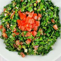 Tabboule Salad · Parsley, mint, cracked bulgur, tomato, green onion, garlic, lemon, extra virgin olive oil.