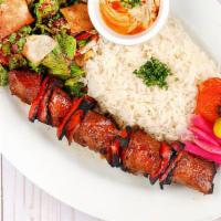 Angus Beef Kabob Plate · Flame grilled all natural hormone free, Angus Beef.