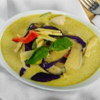 Green Curry (Spicy) · Spicy. Coconut based curry with bamboo shoots, eggplants, bell peppers and basil.