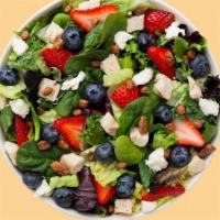 Summer Berry Salad · super greens blend, grilled chicken, strawberries, blueberries, feta, honey roasted pecans, ...