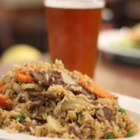 Thai Fried Rice · Vegan and Gluten free option. Pan fried rice with egg, onions, carrots, snow peas.
