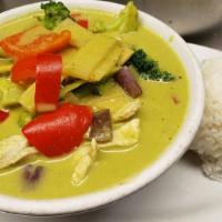 Green Curry · Gluten free. Green curry paste with coconut milk, eggplant, bamboo, broccoli, red bell pepper.