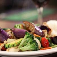 Eggplant · Vegan and Gluten free option. Sautéed with eggplant, onion, carrot, bell pepper, broccoli, b...