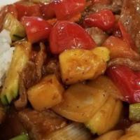 Sweet & Sour · Vegan and Gluten free option. Sautéed sweet and sour sauce with carrot, onion, tomato, pine ...