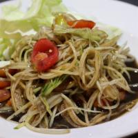 Papaya Salad · Shredded young papaya mixed with tomatoes, lime juice, and fresh chili with your choice of L...
