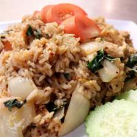 Fried Rice With Basil (Medium) · Your choice of meat stir fried with onions, tomatoes, basil and peppers.