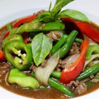 Pad Kra Pao (Medium) · Minced meat with thai basil, green beans, bell peppers, onions, and thai chili.