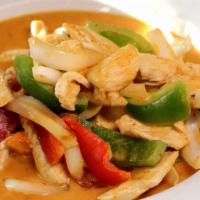 Spicy Curry (Medium) · Red curry sautéed with creamy coconut milk, jalapenos, onions, and bell peppers.